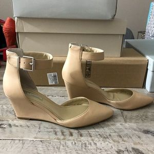 BCBGeneration Nude Ankle Strap Wedge Heels